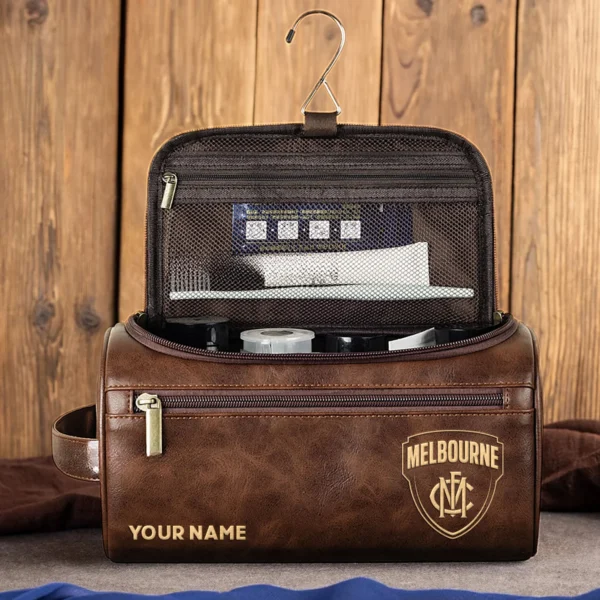 Melbourne Demons AFL Exclusive Logo Personalized Leather Toiletry Bag HOAFL0090525LTB01MELB - Coffee - Image 4