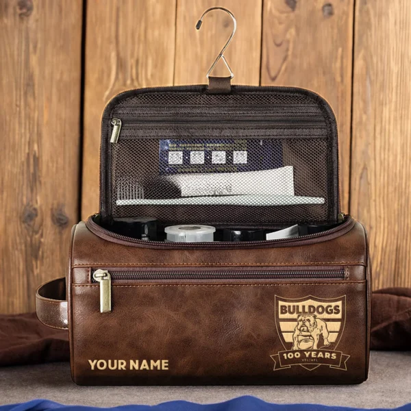 Western Bulldogs AFL Exclusive Logo Personalized Leather Toiletry Bag HOAFL0090525LTB01WB - Dark Brown - Image 4