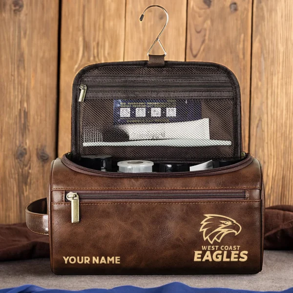 West Coast Eagles AFL Exclusive Logo Personalized Leather Toiletry Bag HOAFL0090525LTB01WCE - Black - Image 4