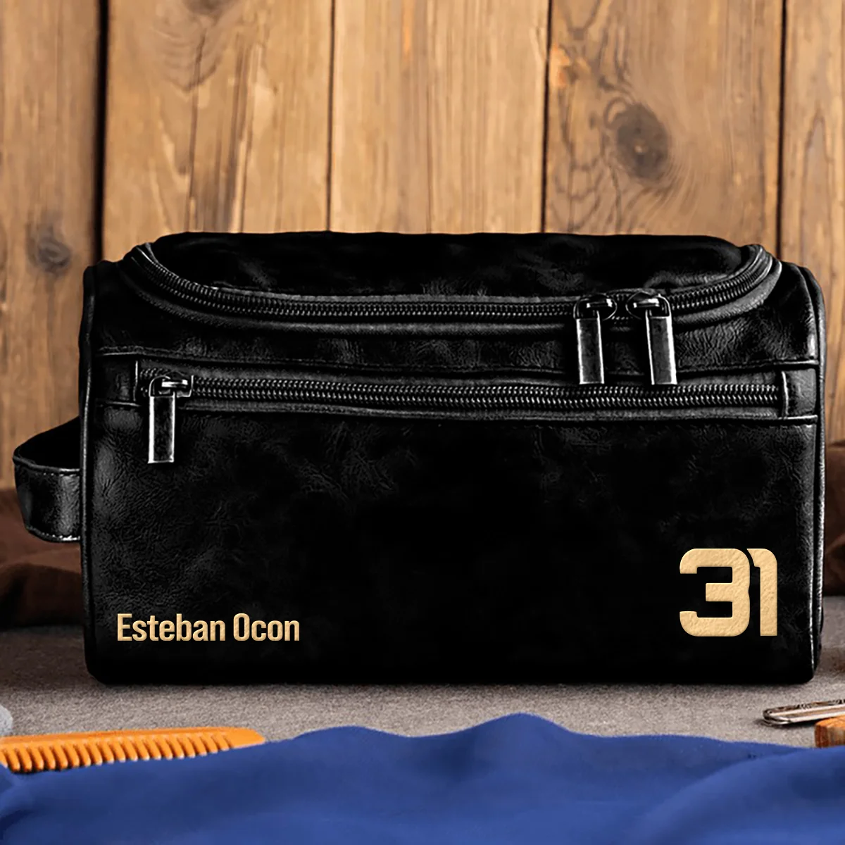 Esteban Ocon Haas - Leather Toiletry Bag BL19425A31 - Black
