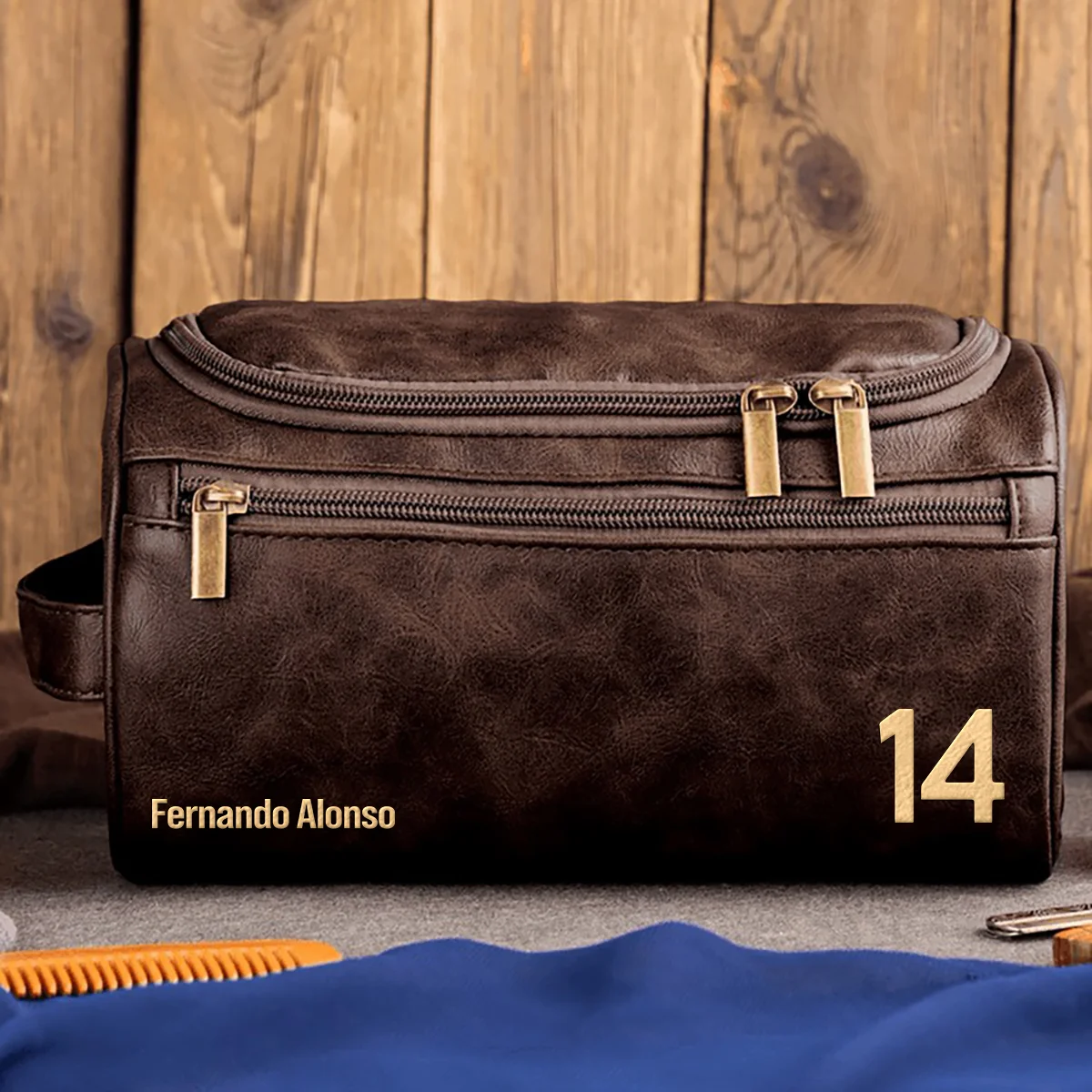 Fernando Alonso Aston Martin - Leather Toiletry Bag BL19425A14 - Coffee