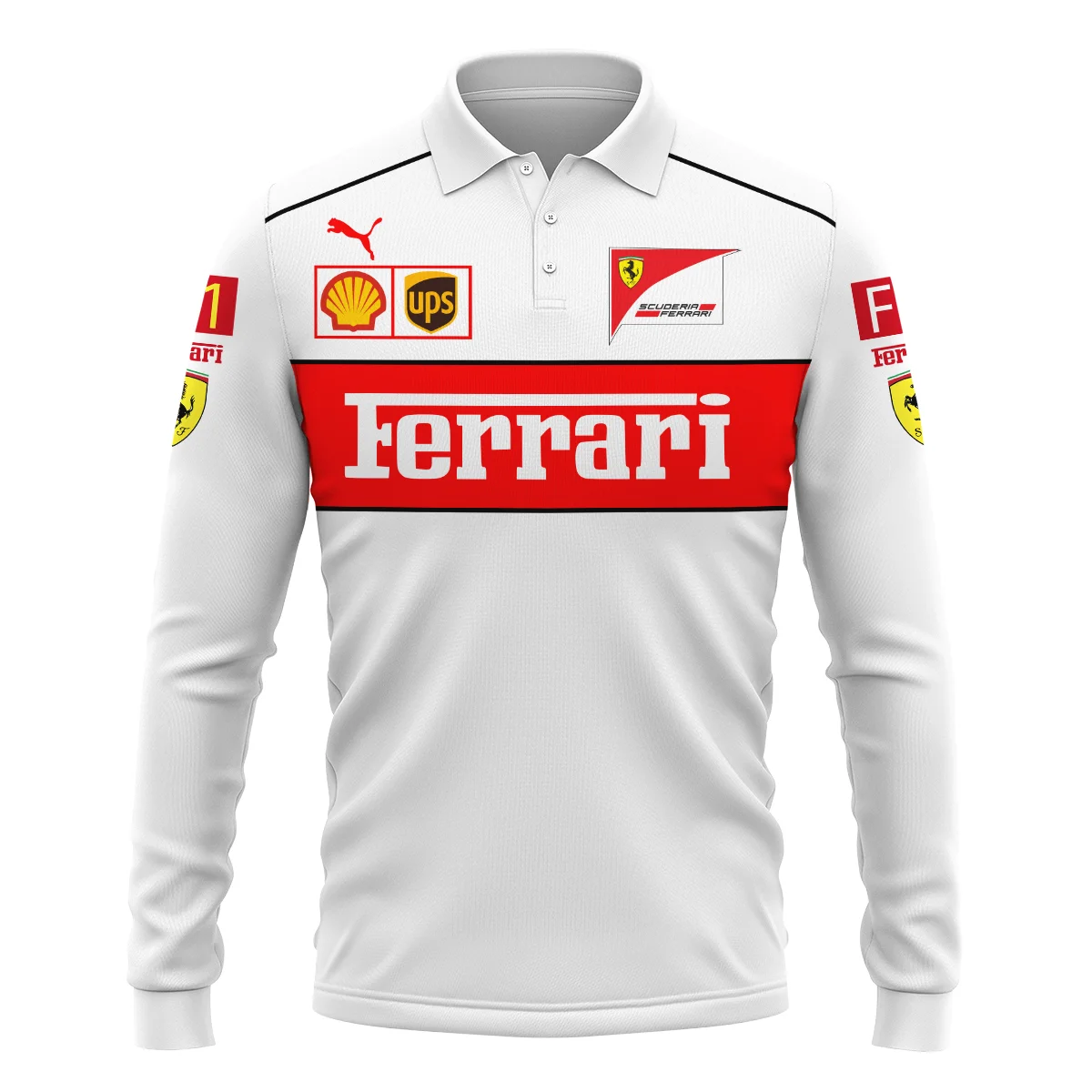 Scuderia Ferrari Racing F1 Long Polo Shirt All Over Prints BLF1R21325ALPL - White