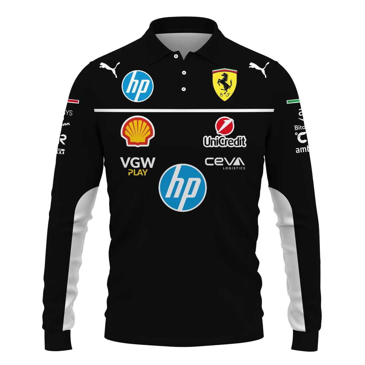 Scuderia Ferrari Racing F1 Long Polo Shirt All Over Prints BLF1R23325ALPL - Black