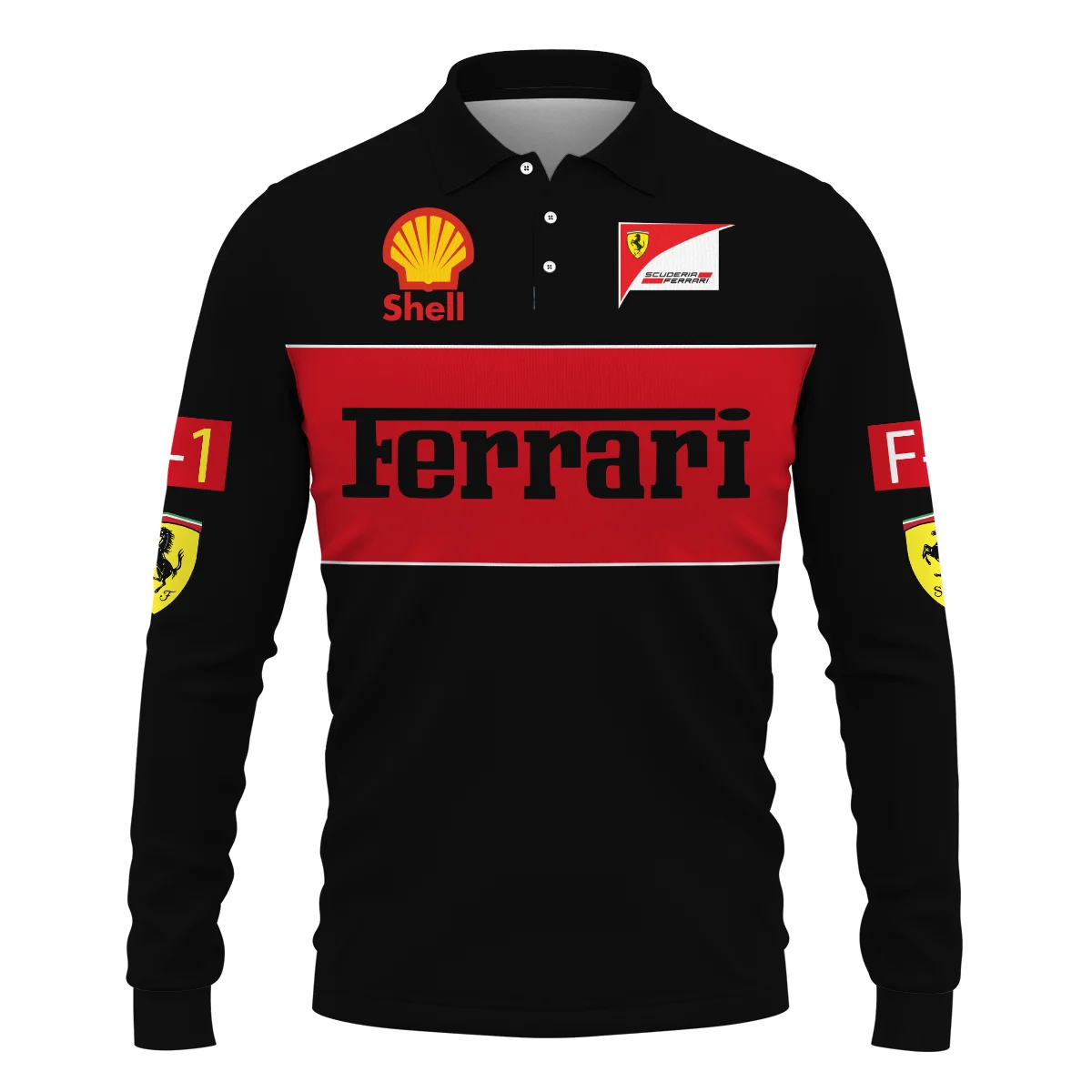 Scuderia Ferrari Racing F1 Long Polo Shirt All Over Prints BLF1R25325ALPL - Black