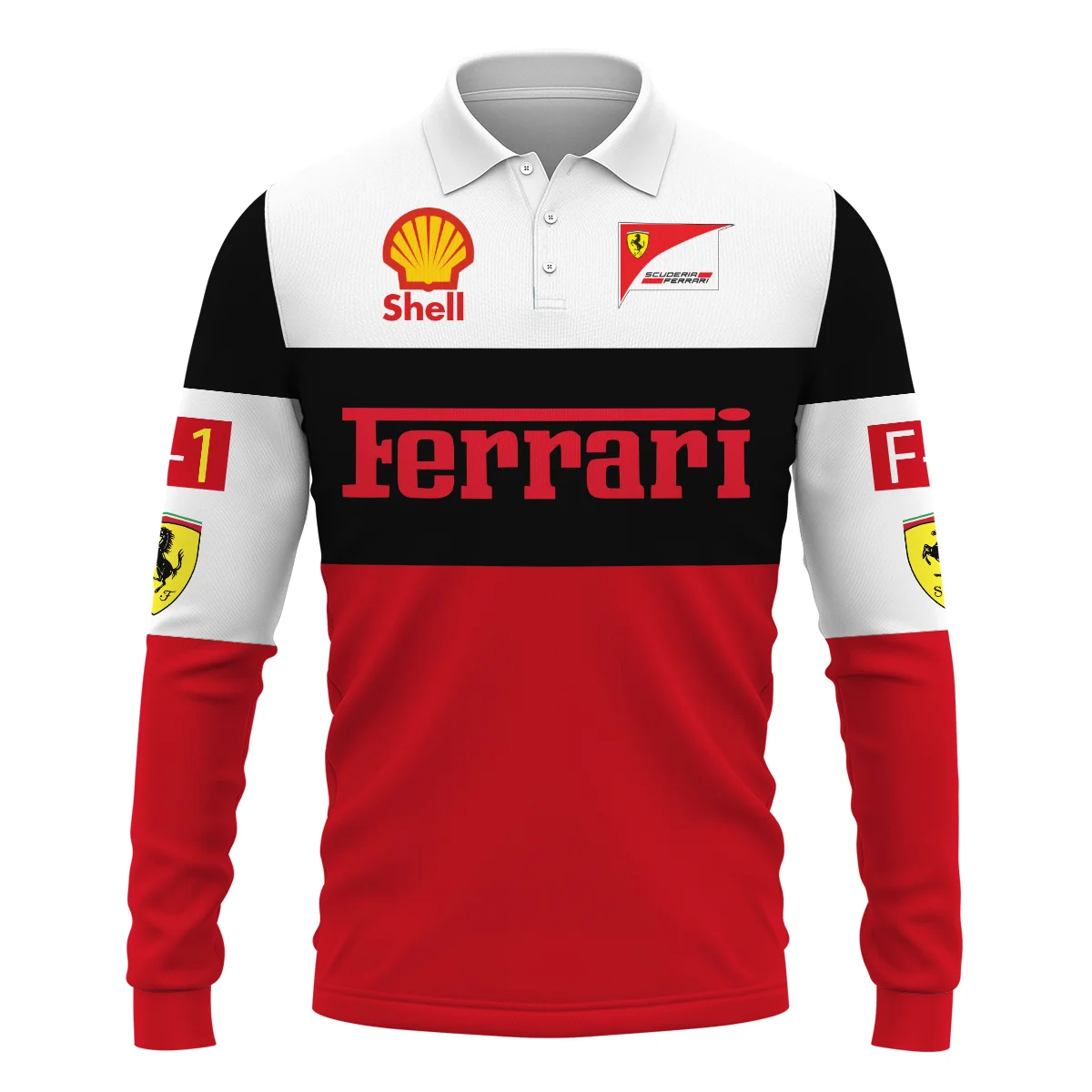 Scuderia Ferrari Racing F1 Long Polo Shirt All Over Prints BLF1R25325ALPL - White Red