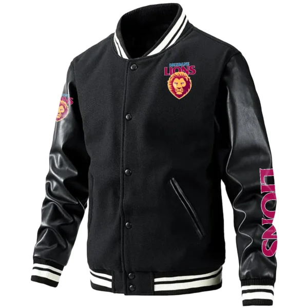 Brisbane Lions AFL Exclusive Logo Leather Baseball Jacket Sleeves HOAFL310525BBJ01BL - Black