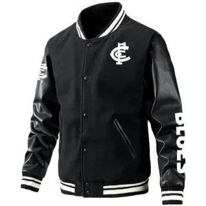 Carlton Blues AFL Exclusive Logo Leather Baseball Jacket Sleeves HOAFL310525BBJ01CARL - Black