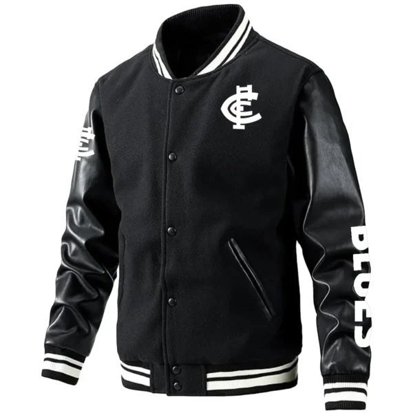 Carlton Blues AFL Exclusive Logo Leather Baseball Jacket Sleeves HOAFL310525BBJ01CARL - Black