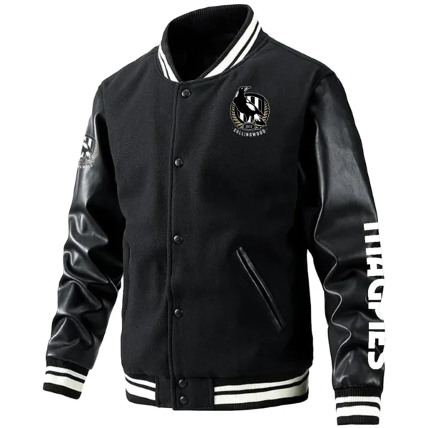 Collingwood Magpies AFL Exclusive Logo Leather Baseball Jacket Sleeves HOAFL310525BBJ01COLL - Black