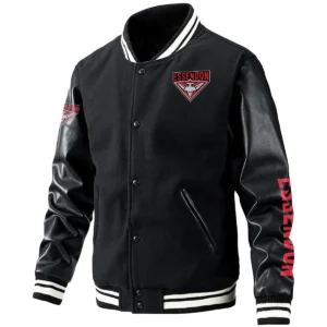 Essendon Bombers AFL Exclusive Logo Leather Baseball Jacket Sleeves HOAFL310525BBJ01ESS - Black