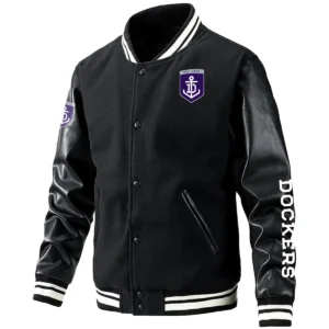 Fremantle Dockers AFL Exclusive Logo Leather Baseball Jacket Sleeves HOAFL310525BBJ01FRE - Black