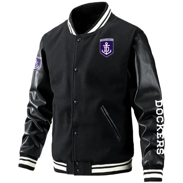 Fremantle Dockers AFL Exclusive Logo Leather Baseball Jacket Sleeves HOAFL310525BBJ01FRE - Black