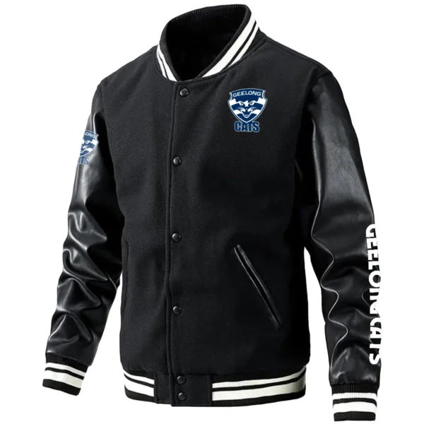 Geelong Cats AFL Exclusive Logo Leather Baseball Jacket Sleeves HOAFL310525BBJ01GEEL - Black