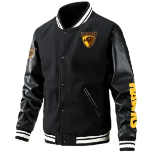 Hawthorn Hawks AFL Exclusive Logo Leather Baseball Jacket Sleeves HOAFL310525BBJ01HAW - Black