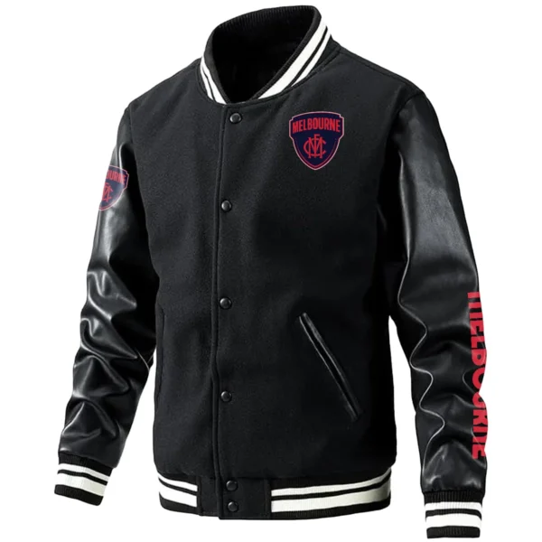 Melbourne Demons AFL Exclusive Logo Leather Baseball Jacket Sleeves HOAFL310525BBJ01MELB - Black