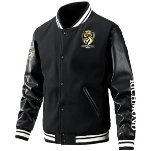Richmond Tigers AFL Exclusive Logo Leather Baseball Jacket Sleeves HOAFL310525BBJ01RICH - Black