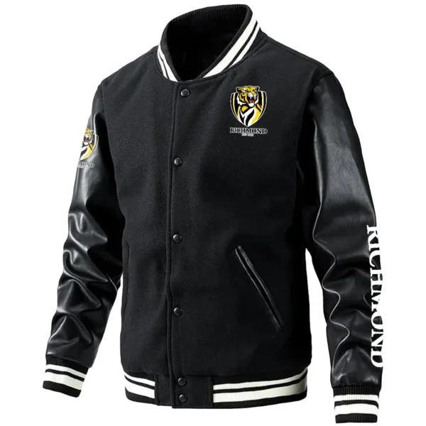 Richmond Tigers AFL Exclusive Logo Leather Baseball Jacket Sleeves HOAFL310525BBJ01RICH - Black