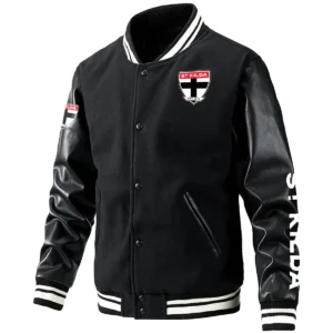 St Kilda Saints AFL Exclusive Logo Leather Baseball Jacket Sleeves HOAFL310525BBJ01STK - Black