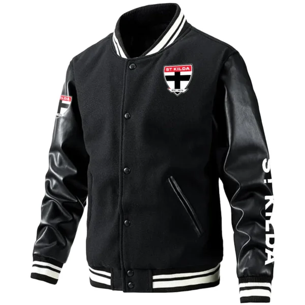 St Kilda Saints AFL Exclusive Logo Leather Baseball Jacket Sleeves HOAFL310525BBJ01STK - Black