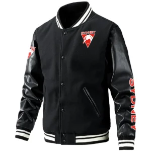 Sydney Swans AFL Exclusive Logo Leather Baseball Jacket Sleeves HOAFL310525BBJ01SYD - Black
