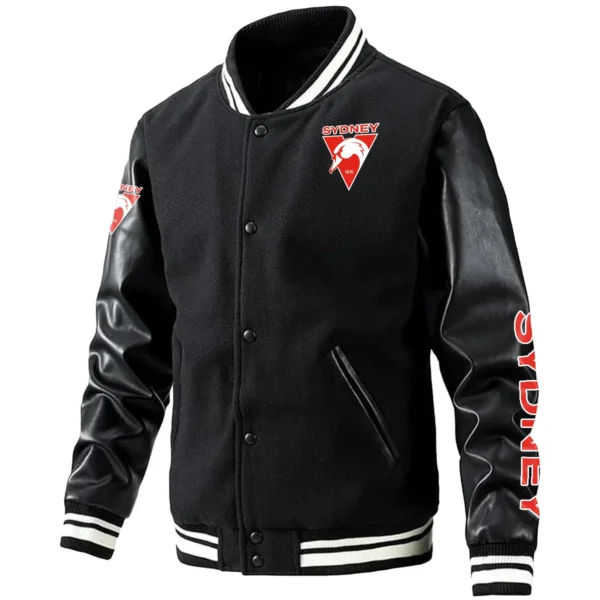 Sydney Swans AFL Exclusive Logo Leather Baseball Jacket Sleeves HOAFL310525BBJ01SYD - Black
