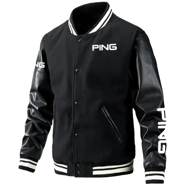 Ping Exclusive Logo Leather Baseball Jacket Sleeves Golf HOGF300525BB01PI - Black