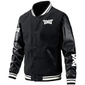 PXG Exclusive Logo Leather Baseball Jacket Sleeves Golf HOGF300525BB01PXG - Black