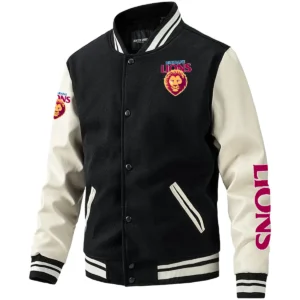 Brisbane Lions AFL Exclusive Logo Leather Baseball Jacket Sleeves HOAFL310525BBJ01BL - Black White