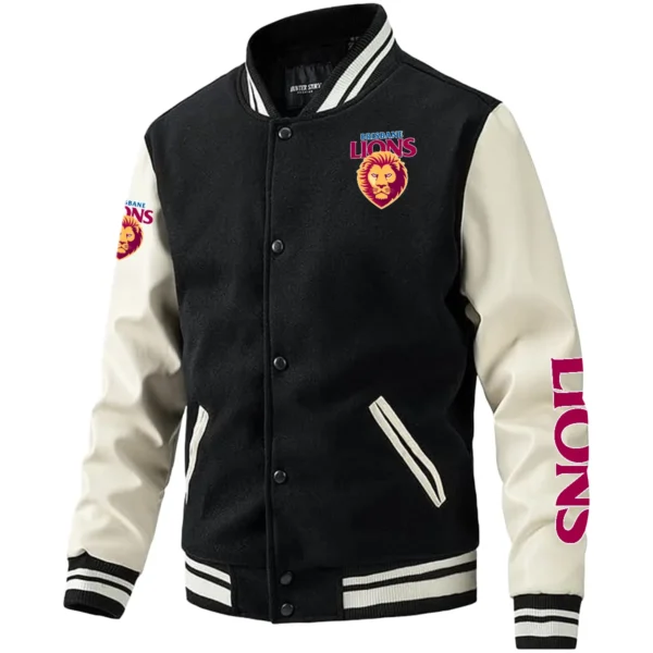 Brisbane Lions AFL Exclusive Logo Leather Baseball Jacket Sleeves HOAFL310525BBJ01BL - Black White