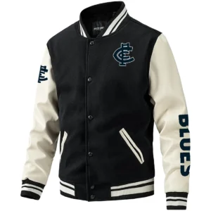 Carlton Blues AFL Exclusive Logo Leather Baseball Jacket Sleeves HOAFL310525BBJ01CARL - Black White
