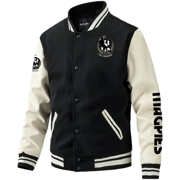 Collingwood Magpies AFL Exclusive Logo Leather Baseball Jacket Sleeves HOAFL310525BBJ01COLL - Black White