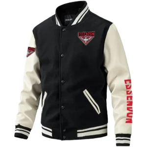 Essendon Bombers AFL Exclusive Logo Leather Baseball Jacket Sleeves HOAFL310525BBJ01ESS - Black White
