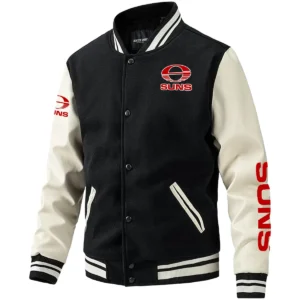 Gold Coast SUNS AFL Exclusive Logo Leather Baseball Jacket Sleeves HOAFL310525BBJ01GCFC - Black White