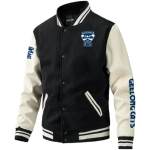 Geelong Cats AFL Exclusive Logo Leather Baseball Jacket Sleeves HOAFL310525BBJ01GEEL - Black White