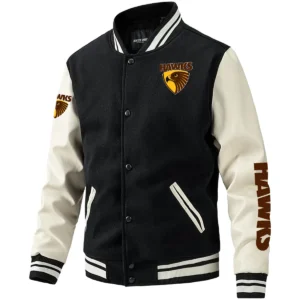 Hawthorn Hawks AFL Exclusive Logo Leather Baseball Jacket Sleeves HOAFL310525BBJ01HAW - Black White