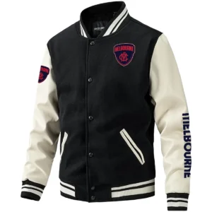 Melbourne Demons AFL Exclusive Logo Leather Baseball Jacket Sleeves HOAFL310525BBJ01MELB - Black White