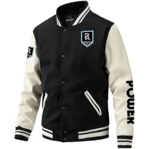 Port Adelaide Power AFL Exclusive Logo Leather Baseball Jacket Sleeves HOAFL310525BBJ01PORT - Black White