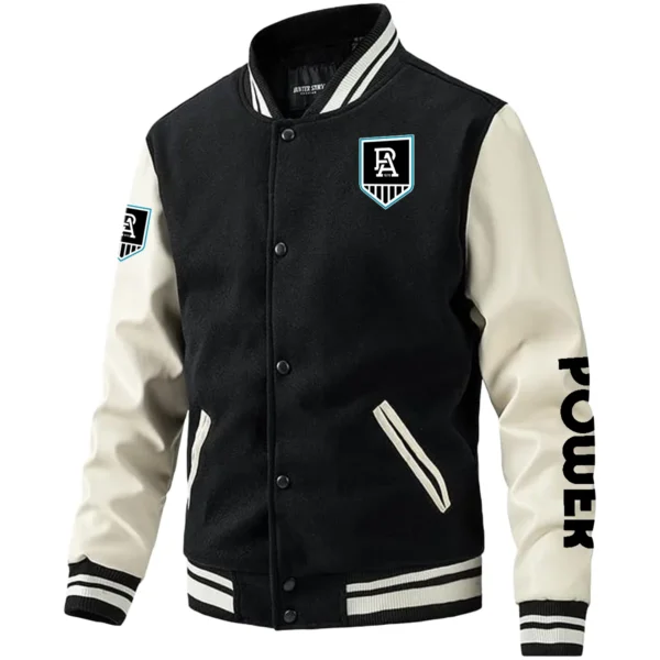 Port Adelaide Power AFL Exclusive Logo Leather Baseball Jacket Sleeves HOAFL310525BBJ01PORT - Black White