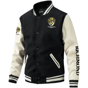 Richmond Tigers AFL Exclusive Logo Leather Baseball Jacket Sleeves HOAFL310525BBJ01RICH - Black White