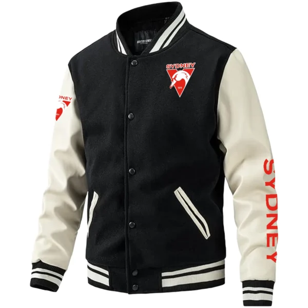 Sydney Swans AFL Exclusive Logo Leather Baseball Jacket Sleeves HOAFL310525BBJ01SYD - Black White