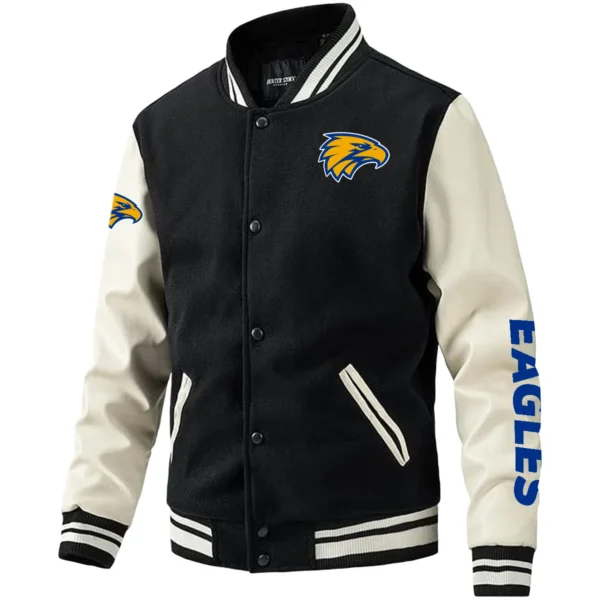 West Coast Eagles AFL Exclusive Logo Leather Baseball Jacket Sleeves HOAFL310525BBJ01WCE - Black White