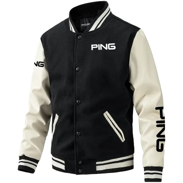 Ping Exclusive Logo Leather Baseball Jacket Sleeves Golf HOGF300525BB01PI - Black White