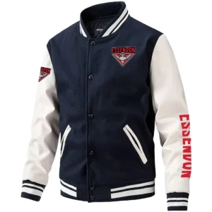 Essendon Bombers AFL Exclusive Logo Leather Baseball Jacket Sleeves HOAFL310525BBJ01ESS - Dark Blue