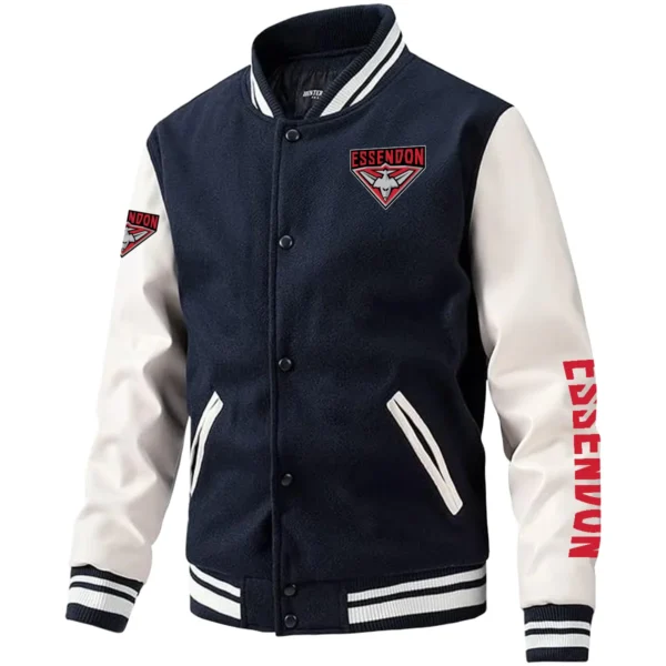 Essendon Bombers AFL Exclusive Logo Leather Baseball Jacket Sleeves HOAFL310525BBJ01ESS - Dark Blue