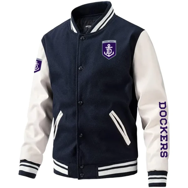 Fremantle Dockers AFL Exclusive Logo Leather Baseball Jacket Sleeves HOAFL310525BBJ01FRE - Dark Blue