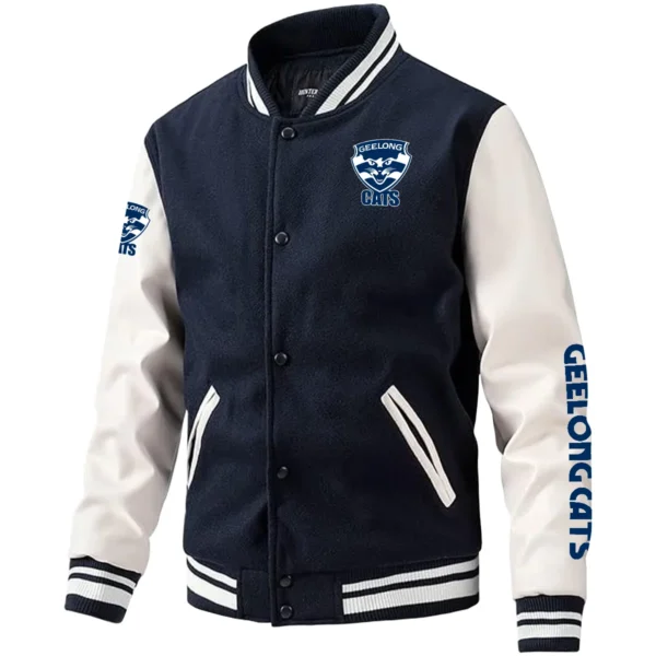 Geelong Cats AFL Exclusive Logo Leather Baseball Jacket Sleeves HOAFL310525BBJ01GEEL - Dark Blue