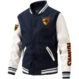 Hawthorn Hawks AFL Exclusive Logo Leather Baseball Jacket Sleeves HOAFL310525BBJ01HAW - Dark Blue