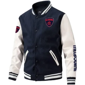 Melbourne Demons AFL Exclusive Logo Leather Baseball Jacket Sleeves HOAFL310525BBJ01MELB - Dark Blue