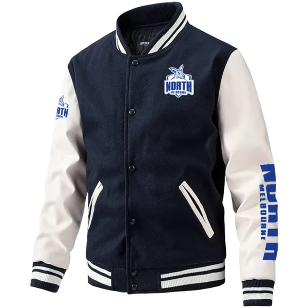 North Melbourne Kangaroos AFL Exclusive Logo Leather Baseball Jacket Sleeves HOAFL310525BBJ01NMFC - Dark Blue