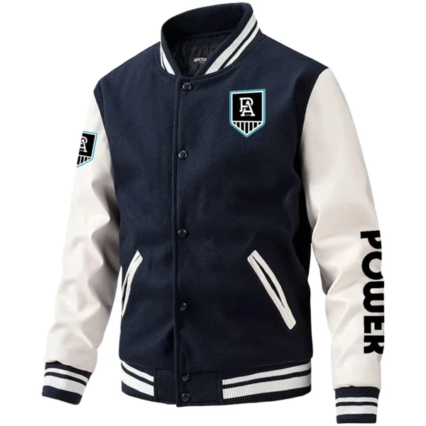 Port Adelaide Power AFL Exclusive Logo Leather Baseball Jacket Sleeves HOAFL310525BBJ01PORT - Dark Blue